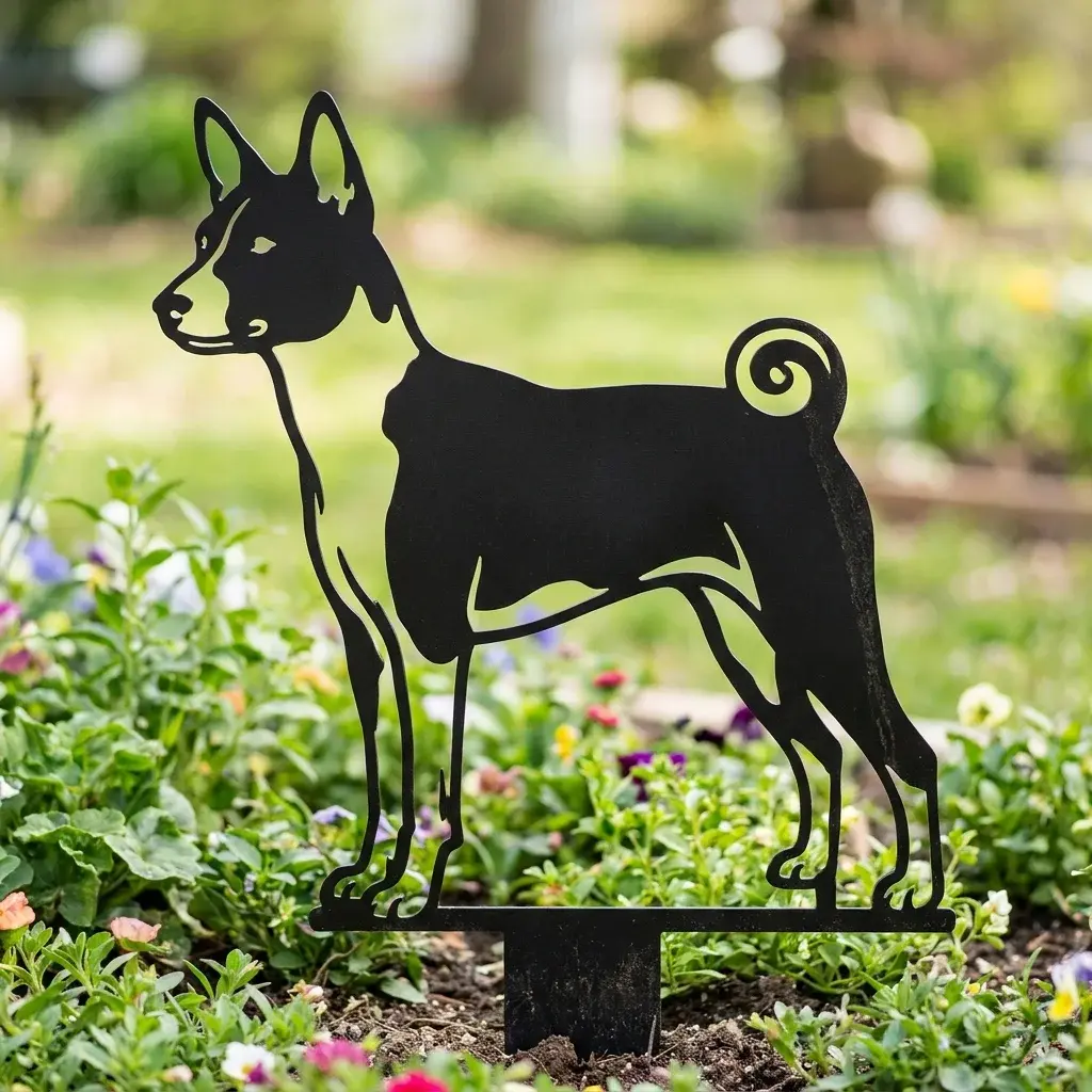Basenji v2 – metalowa dekoracja ogrodowa do wbicia w ziemię