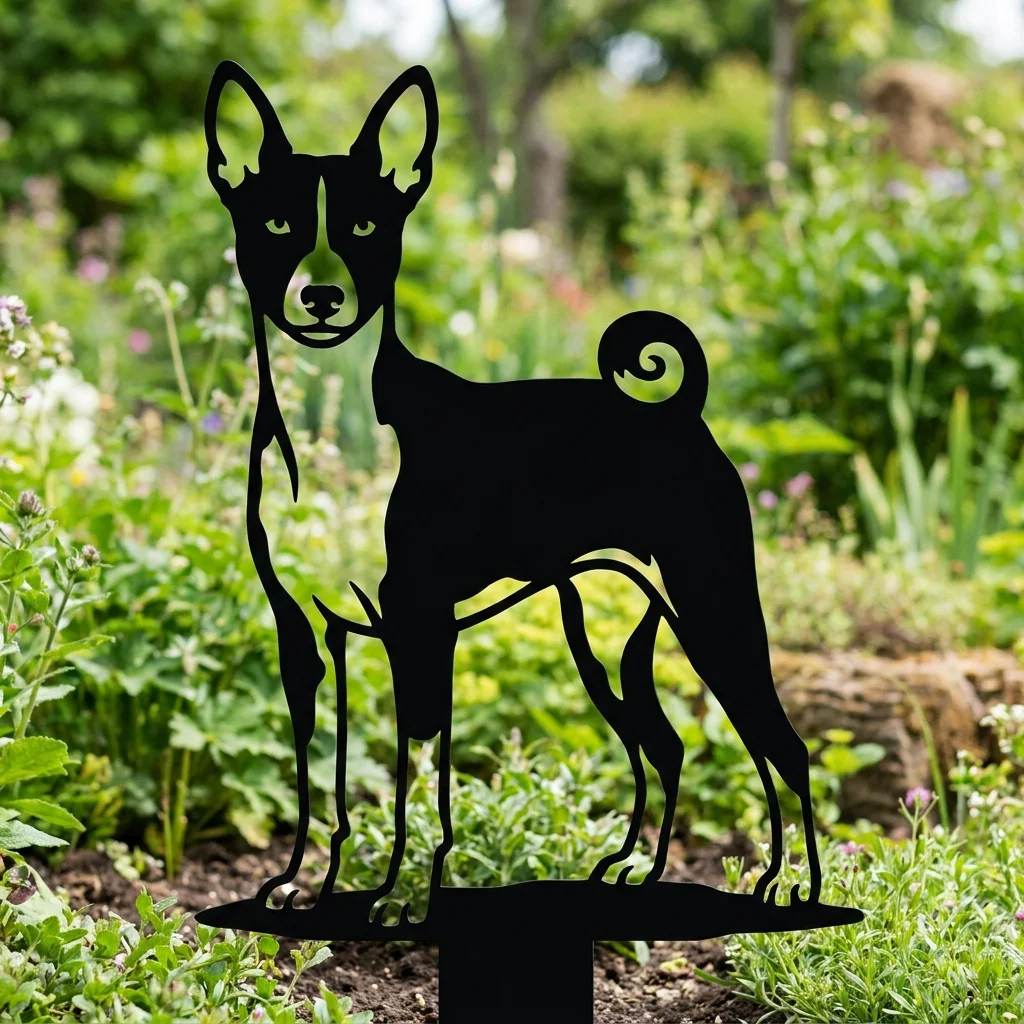 Basenji v3 – metalowa dekoracja ogrodowa do wbicia w ziemię