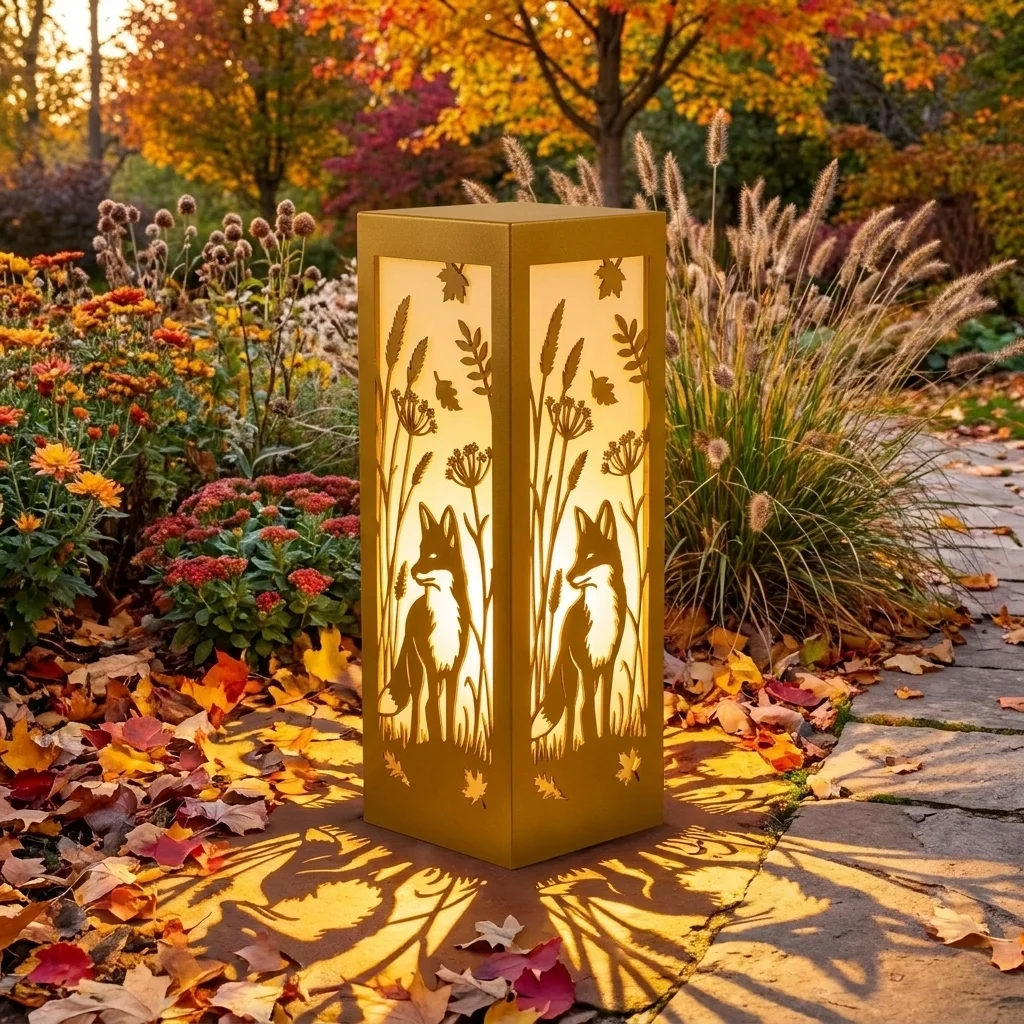 Lis o Zmierzchu metalowy lampion ogrodowy z motywem lisa