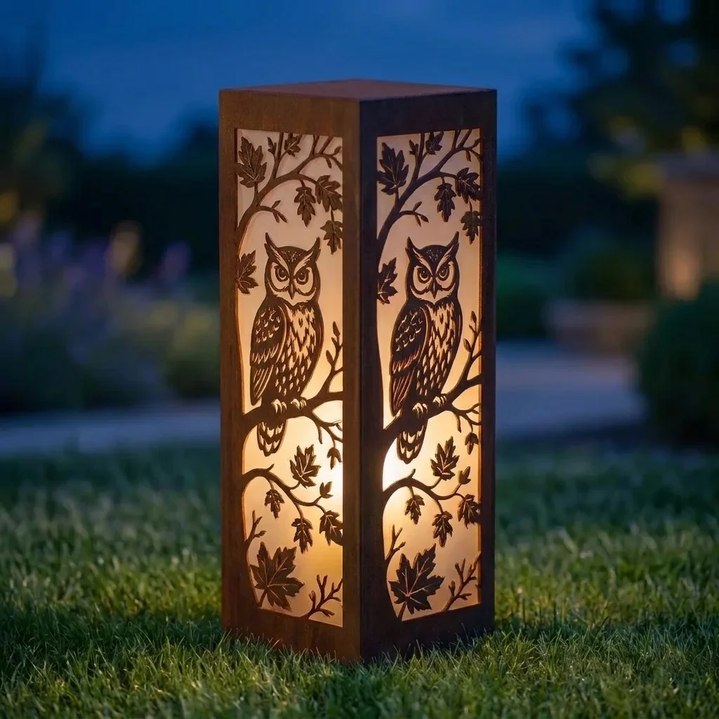 Sowa o Zmierzchu metalowy lampion ogrodowy z motywem sowy