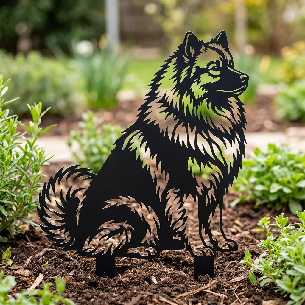 Szpic wilczy Keeshond v2 – metalowa dekoracja ogrodowa do wbicia w ziemię