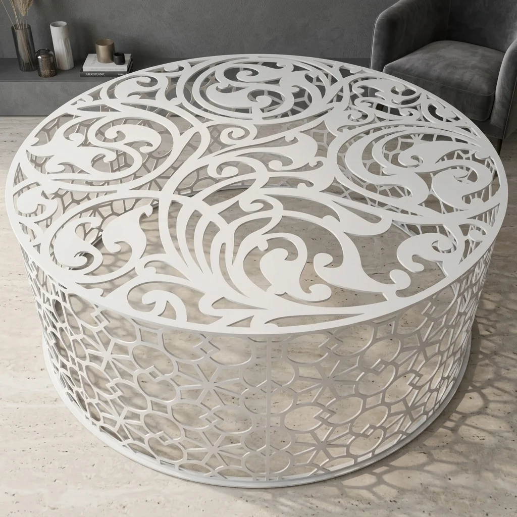 Biały metalowy stolik kawowy ażurowy Arabeska z okrągłą górą i spiralnym ornamentem