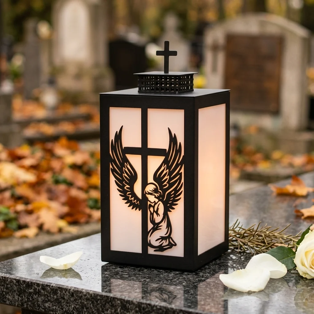 Znicz metalowy Anioł z Krzyżem 25 × 15 × 15 cm czarny